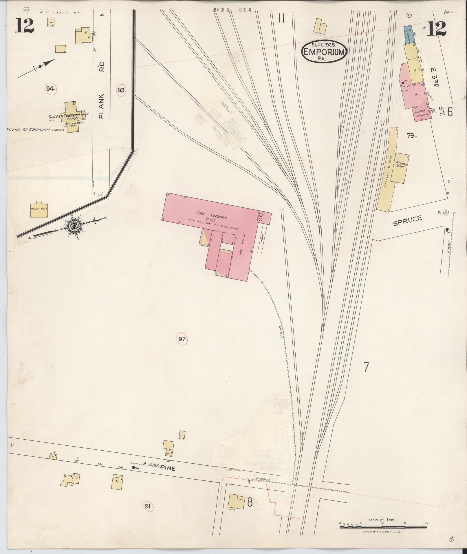 Sanborn Fire Insurance Map from Emporium, Cameron County, Pennsylvania (1938), Sheet #0012 - Historic Sanborn Fire Insurance Map Print, vintage old map wall art, antique decor, genealogy gift, Pennsylvania Pennsylvania map