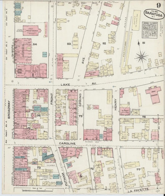 Sanborn Fire Insurance Map from Saratoga, Saratoga County, New York (1884), Sheet #0009 - Historic Sanborn Fire Insurance Map Print, vintage old map wall art, antique decor, genealogy gift, New York New York map