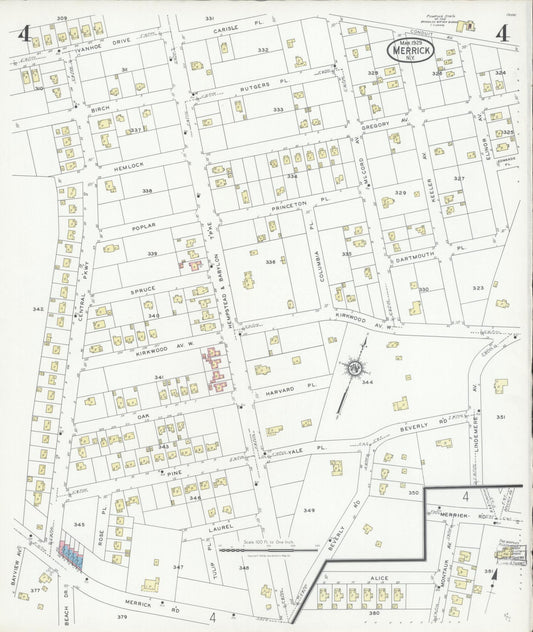 Sanborn Fire Insurance Map from Merrick, Nassau County, New York (1929), Sheet #0004 - Historic Sanborn Fire Insurance Map Print, vintage old map wall art, antique decor, genealogy gift, New York New York map