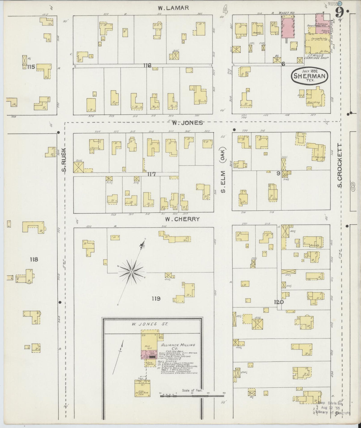 Sanborn Fire Insurance Map from Sherman, Grayson County, Texas (1892), Sheet #0009 - Historic Sanborn Fire Insurance Map Print, vintage old map wall art, antique decor, genealogy gift, Texas Texas map
