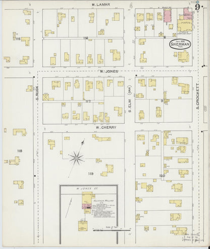 Sanborn Fire Insurance Map from Sherman, Grayson County, Texas (1892), Sheet #0009 - Historic Sanborn Fire Insurance Map Print, vintage old map wall art, antique decor, genealogy gift, Texas Texas map