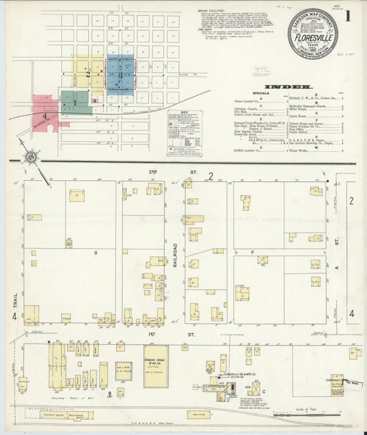 Sanborn Fire Insurance Map from Floresville, Wilson County, Texas (1912), Sheet #0001 - Historic Sanborn Fire Insurance Map Print, vintage old map wall art, antique decor, genealogy gift, Texas Texas map
