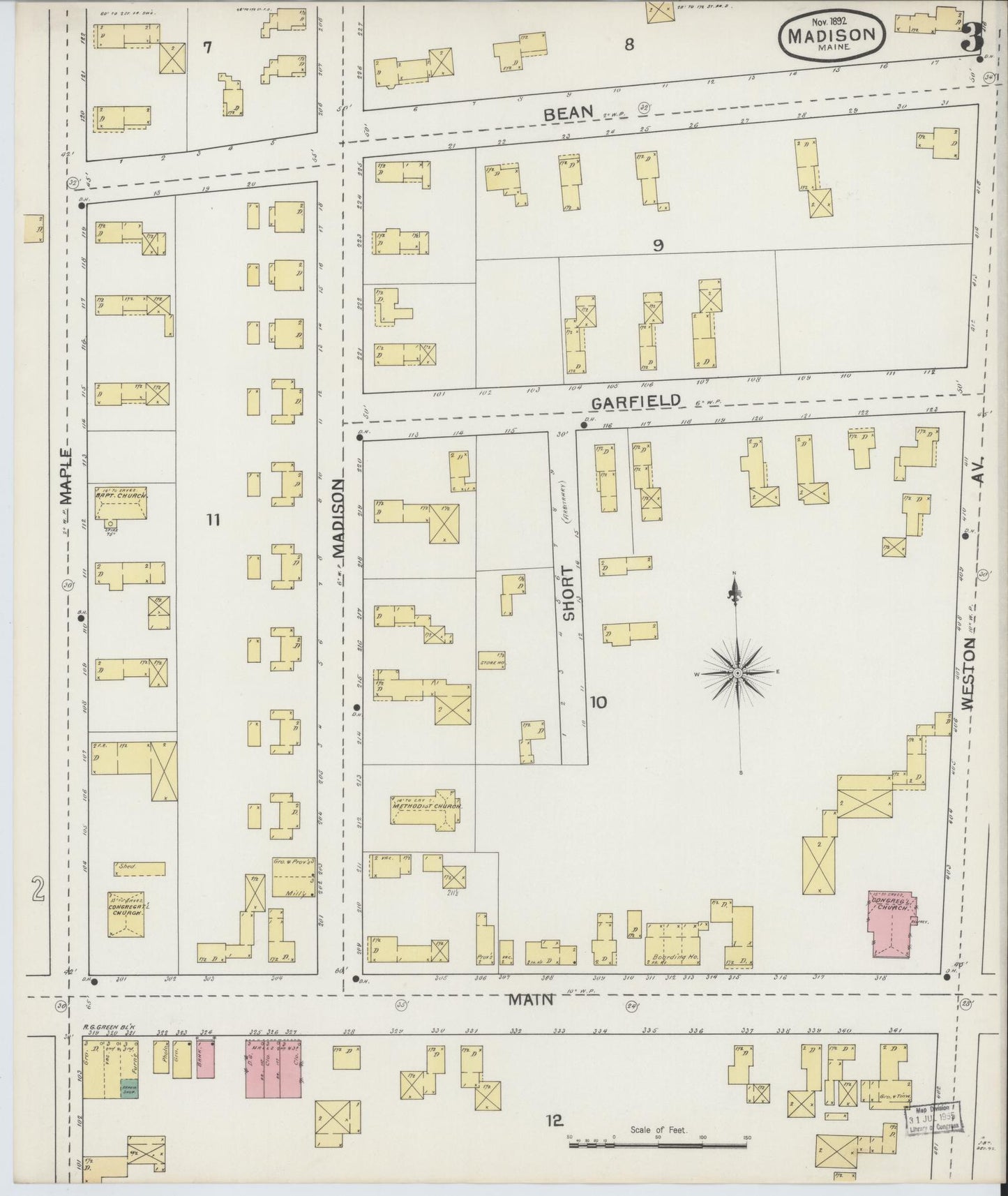 Sanborn Fire Insurance Map from Madison, Somerset County, Maine (1892), Sheet #0003 - Complete Map Set gallery image, historic Sanborn map, vintage wall art, Maine Maine
