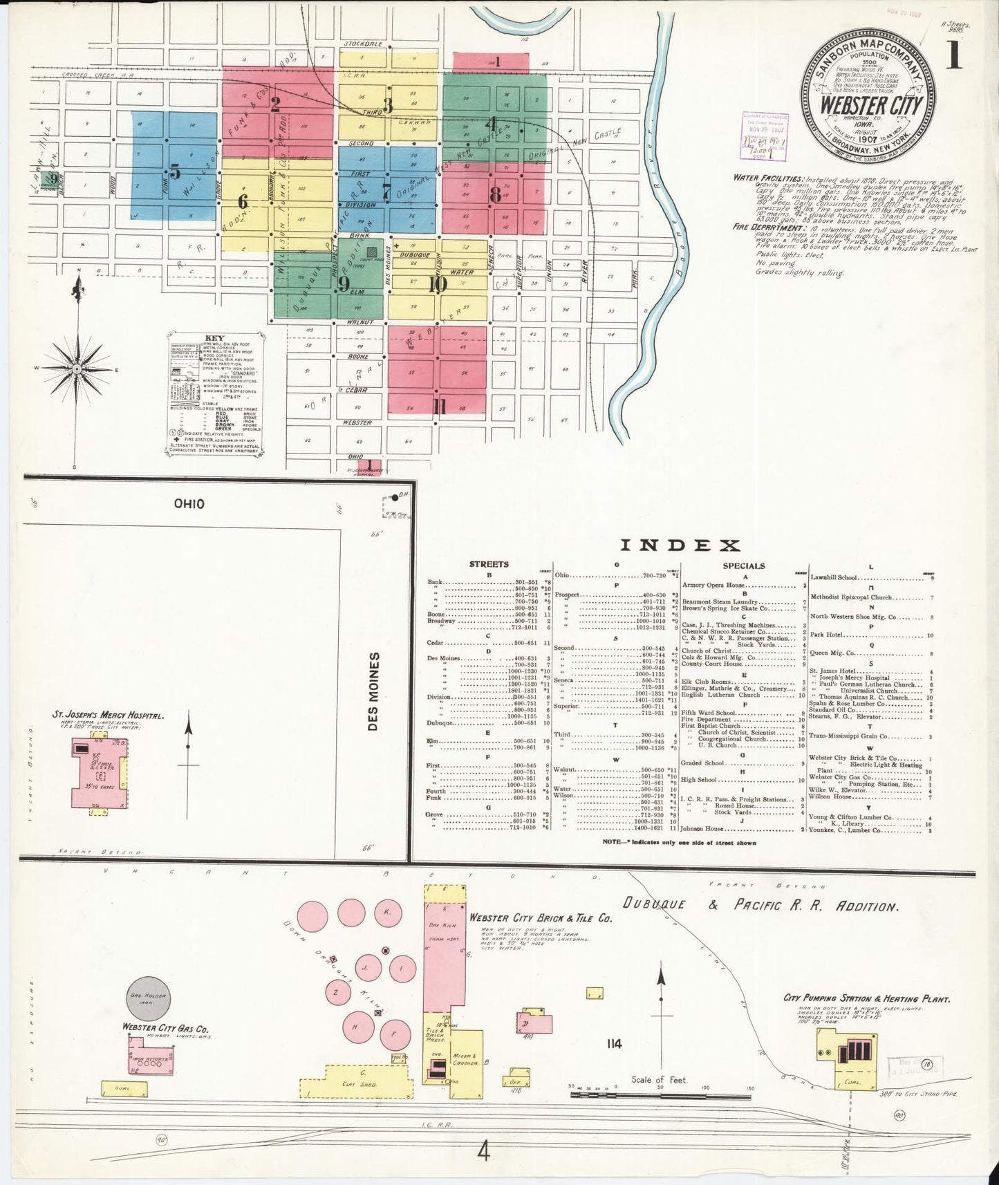 Sanborn Fire Insurance Map from Webster City, Hamilton County, Iowa (1907), Sheet #0001 - Historic Sanborn Fire Insurance Map Print, vintage old map wall art