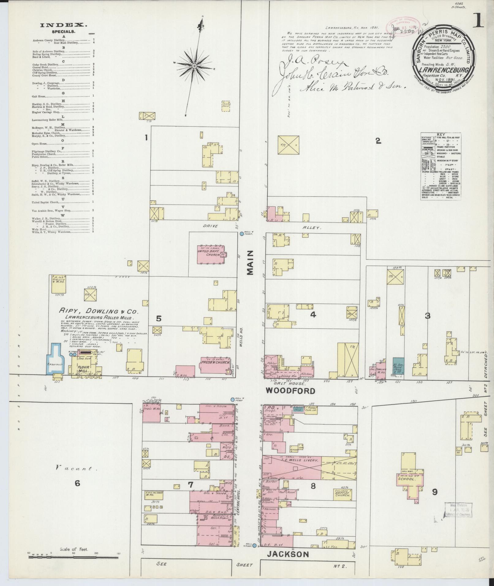 Sanborn Fire Insurance Map from Lawrenceburg, Anderson County, Kentucky (1891), Sheet #0001 - Complete Map Set gallery image, historic Sanborn map, vintage wall art, Kentucky Kentucky
