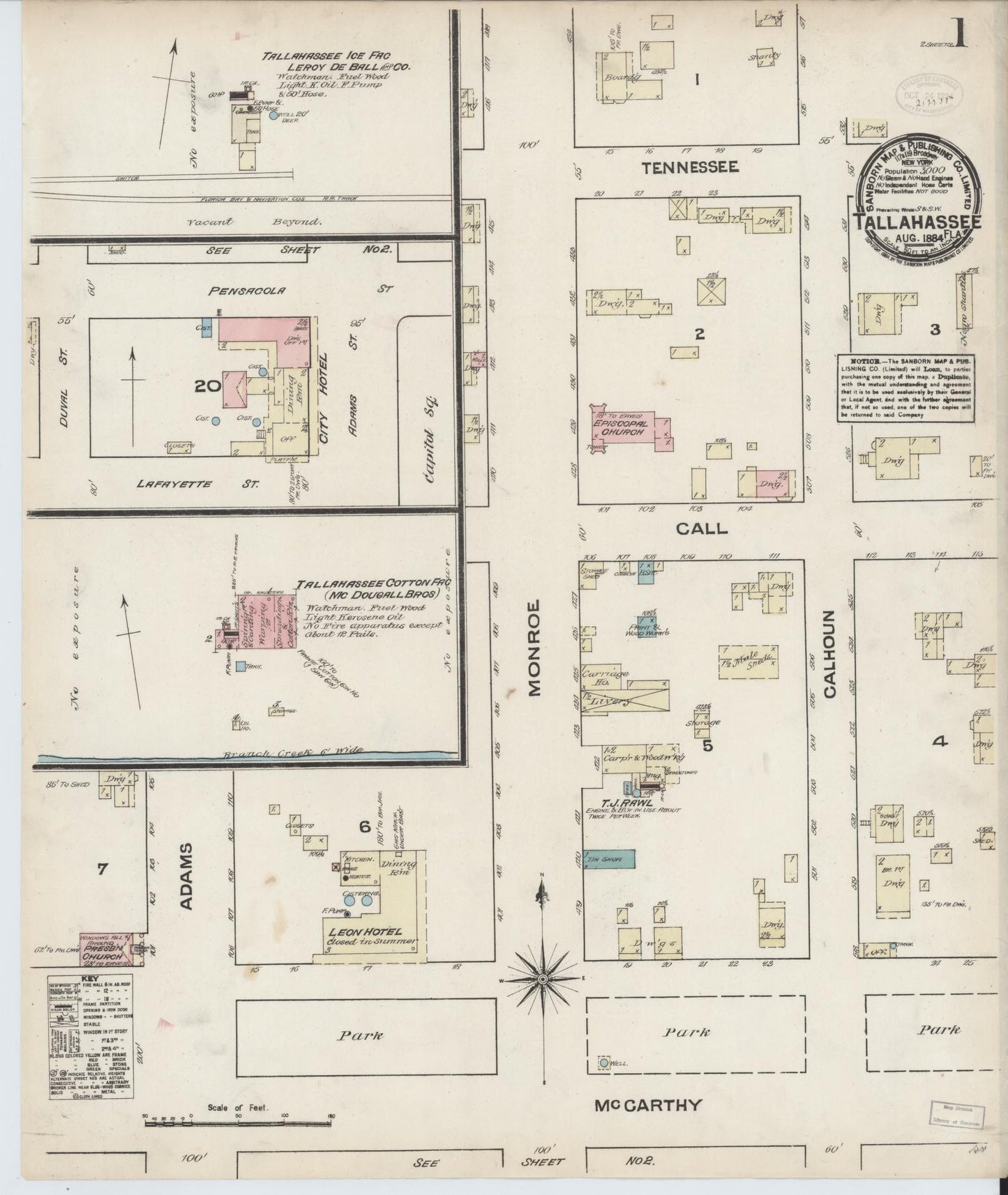 Sanborn Fire Insurance Map from Tallahassee, Leon County, Florida (1884), Sheet #0001 - Historic Sanborn Fire Insurance Map Print, vintage old map wall art, antique decor, genealogy gift, Florida Florida map