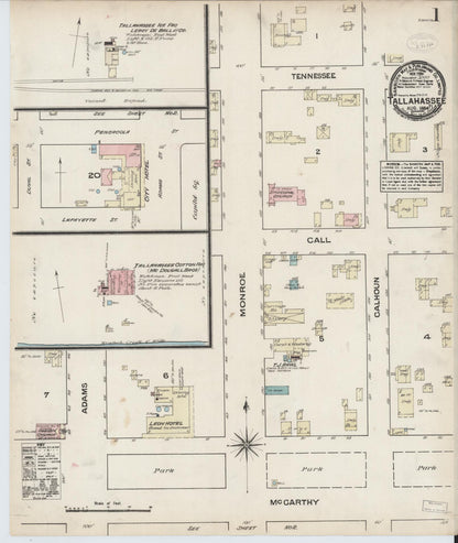 Sanborn Fire Insurance Map from Tallahassee, Leon County, Florida (1884), Sheet #0001 - Historic Sanborn Fire Insurance Map Print, vintage old map wall art, antique decor, genealogy gift, Florida Florida map