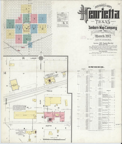 Sanborn Fire Insurance Map from Henrietta, Clay County, Texas (1912), Sheet #0001 - Historic Sanborn Fire Insurance Map Print, vintage old map wall art, antique decor, genealogy gift, Texas Texas map