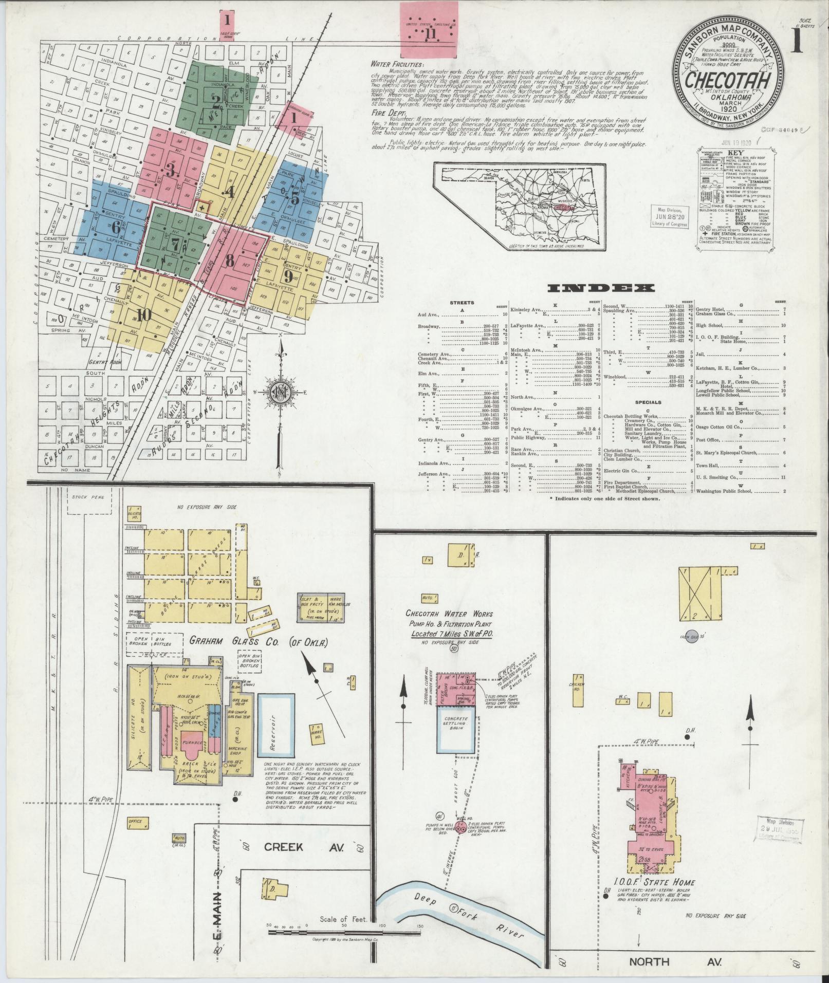 Sanborn Fire Insurance Map from Checotah, McIntosch County, Oklahoma (1920), Sheet #0001 - Complete Map Set gallery image, historic Sanborn map, vintage wall art, Oklahoma Oklahoma