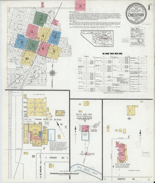 Sanborn Fire Insurance Map from Checotah, McIntosch County, Oklahoma (1920), Sheet #0001 - Complete Map Set gallery image, historic Sanborn map, vintage wall art, Oklahoma Oklahoma