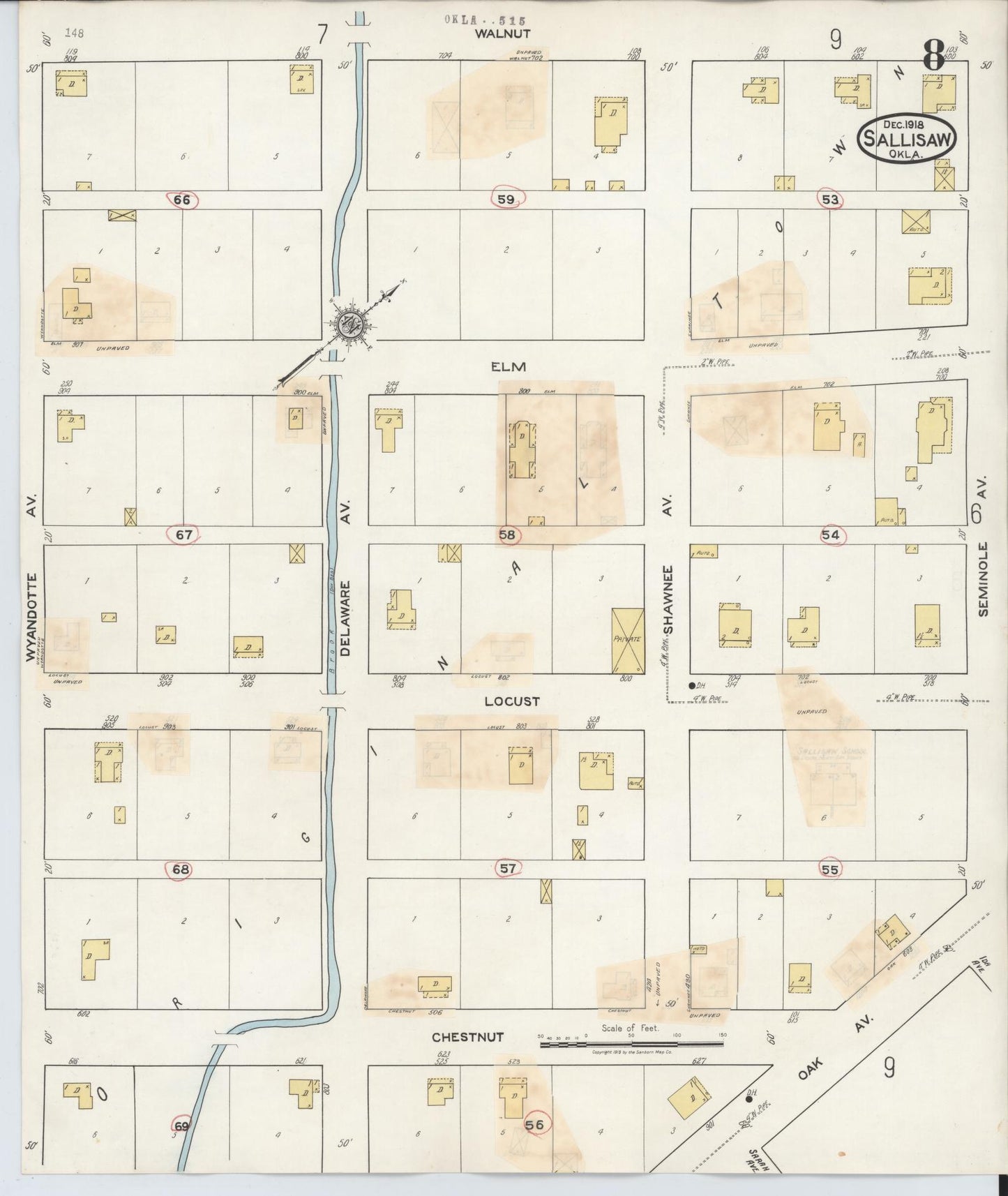 Sanborn Fire Insurance Map from Sallisaw, Sequoyah County, Oklahoma (1933), Sheet #0008 - Complete Map Set gallery image, historic Sanborn map, vintage wall art, Oklahoma Oklahoma