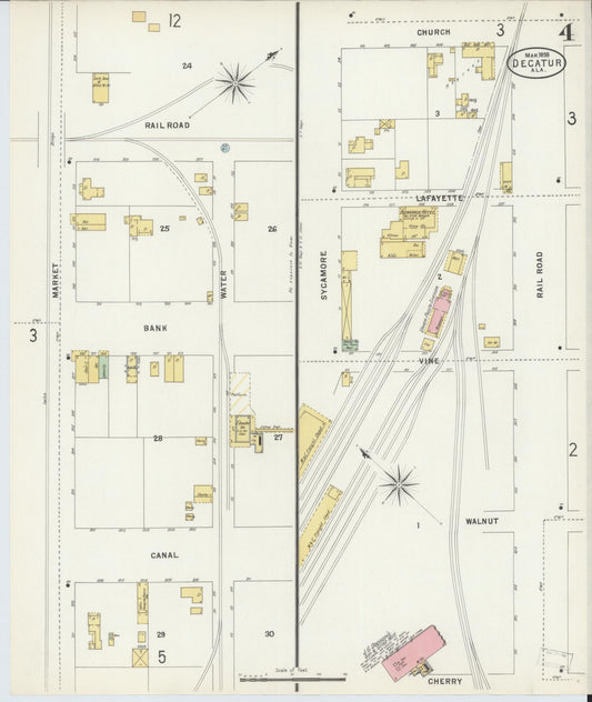 Sanborn Fire Insurance Map from Decatur, Morgan County, Alabama (1898), Sheet #0004 - Historic Sanborn Fire Insurance Map Print, vintage old map wall art, antique decor, genealogy gift, Alabama Alabama map