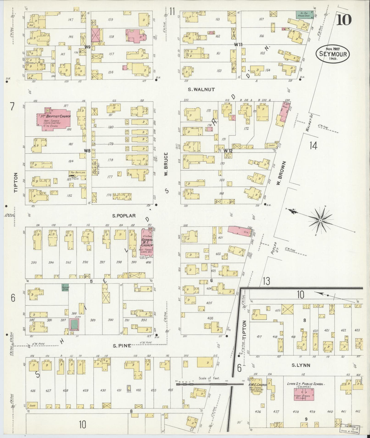 Sanborn Fire Insurance Map from Seymour, Jackson County, Indiana (1907), Sheet #0010 - Historic Sanborn Fire Insurance Map Print, vintage old map wall art, antique decor, genealogy gift, Indiana Indiana map