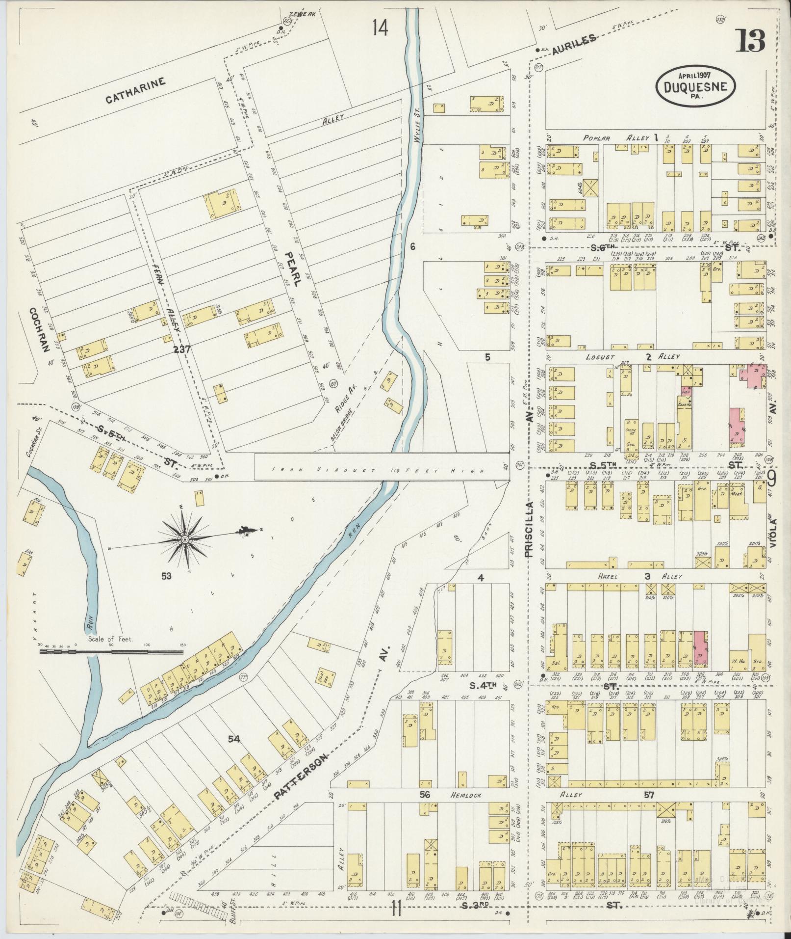 Sanborn Fire Insurance Map from Duquesne, Allegheny County, Pennsylvania (1907), Sheet #0013 - Historic Sanborn Fire Insurance Map Print, vintage old map wall art, antique decor, genealogy gift, Pennsylvania Pennsylvania map