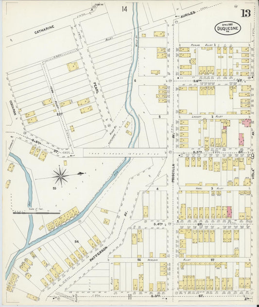 Sanborn Fire Insurance Map from Duquesne, Allegheny County, Pennsylvania (1907), Sheet #0013 - Historic Sanborn Fire Insurance Map Print, vintage old map wall art, antique decor, genealogy gift, Pennsylvania Pennsylvania map