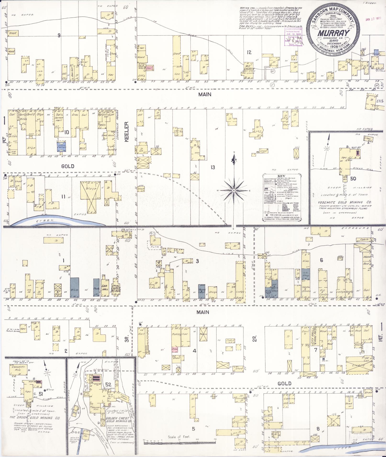 Sanborn Fire Insurance Map from Murray, Shoshone County, Idaho (1908), Sheet #0001 - Historic Sanborn Fire Insurance Map Print, vintage old map wall art, antique decor, genealogy gift, Idaho Idaho map