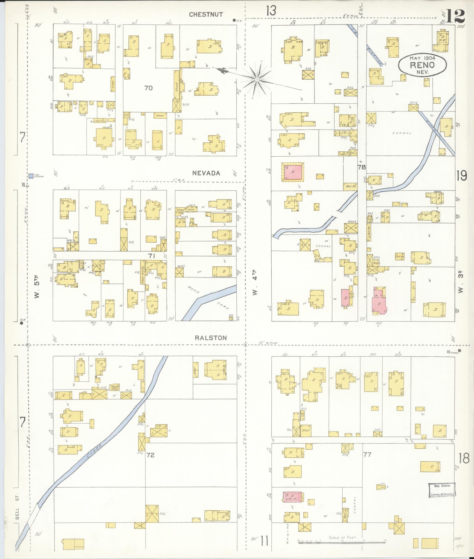 Sanborn Fire Insurance Map from Reno, Washoe County, Nevada (1904), Sheet #0012 - Historic Sanborn Fire Insurance Map Print, vintage old map wall art, antique decor, genealogy gift, Nevada Nevada map