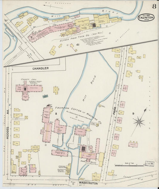Sanborn Fire Insurance Map from Taunton, Bristol County, Massachusetts (1888), Sheet #0008 - Historic Sanborn Fire Insurance Map Print, vintage old map wall art, antique decor, genealogy gift, Massachusetts Massachusetts map