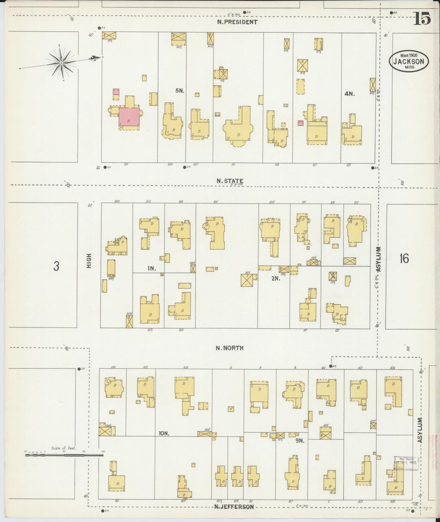 Sanborn Fire Insurance Map from Jackson, Hinds County, Mississippi (1900), Sheet #0015 - Historic Sanborn Fire Insurance Map Print, vintage old map wall art, antique decor, genealogy gift, Mississippi Mississippi map