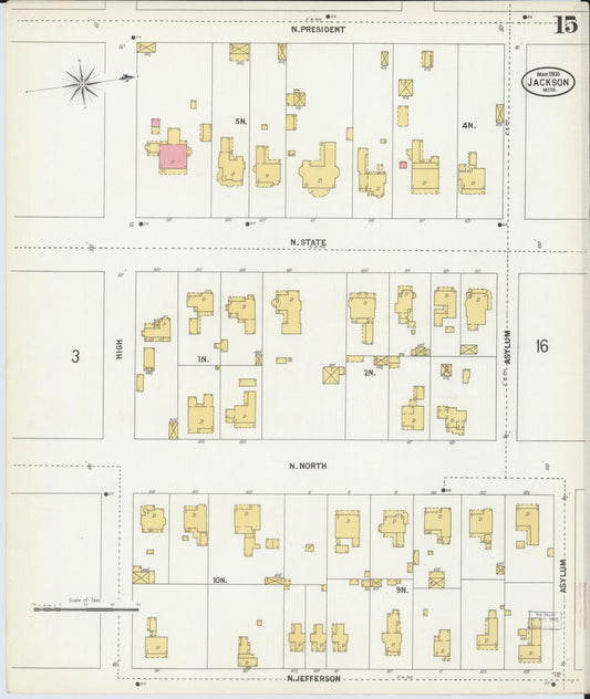 Sanborn Fire Insurance Map from Jackson, Hinds County, Mississippi (1900), Sheet #0015 - Historic Sanborn Fire Insurance Map Print, vintage old map wall art, antique decor, genealogy gift, Mississippi Mississippi map