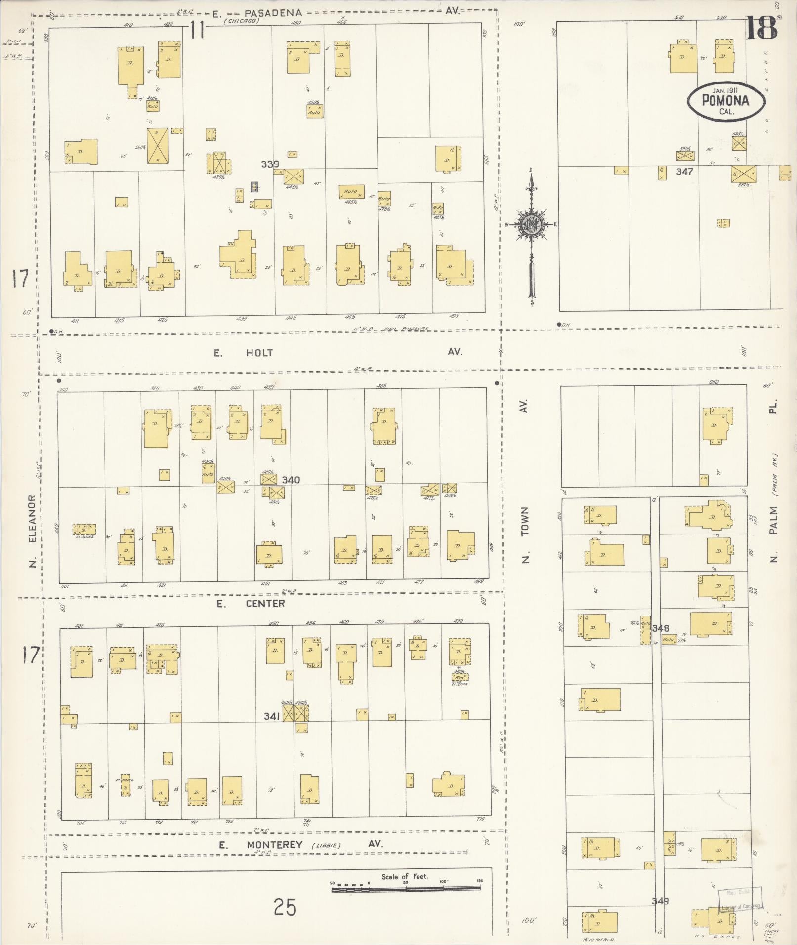 Sanborn Fire Insurance Map from Pomona, Los Angeles County, California (1911), Sheet #0018 - Complete Map Set gallery image, historic Sanborn map, vintage wall art, California California