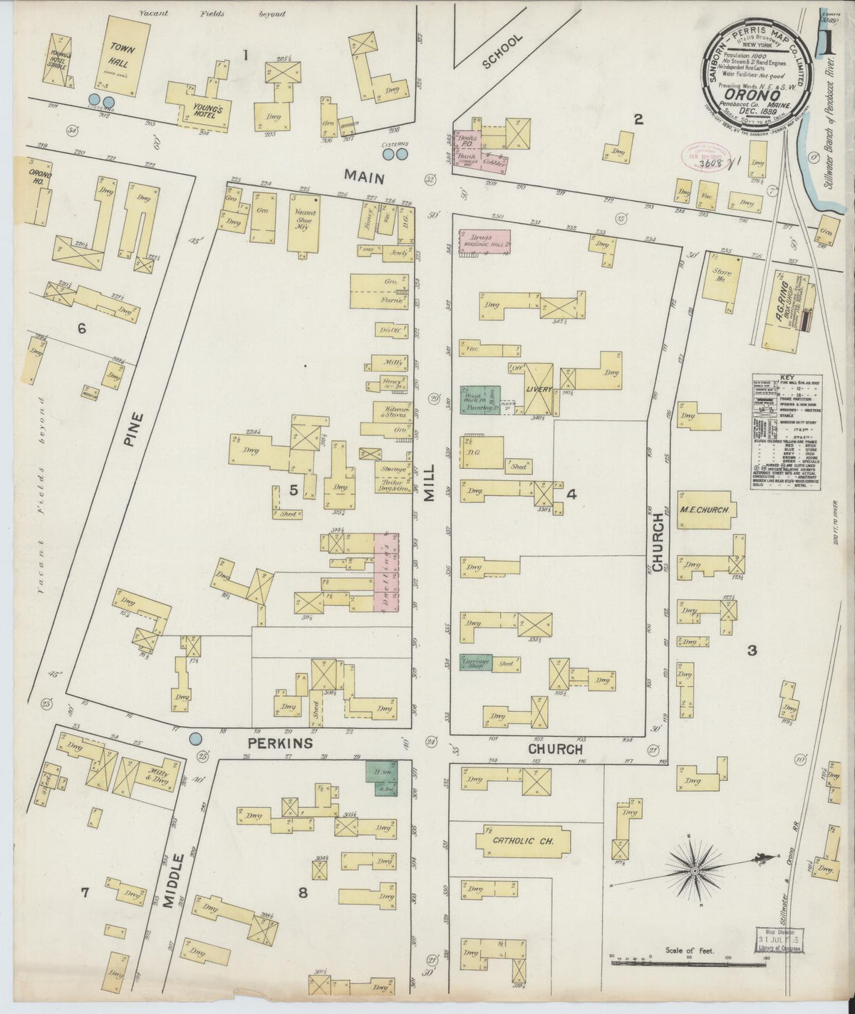 Sanborn Fire Insurance Map from Orono, Penobscot County, Maine (1889), Sheet #0001 - Historic Sanborn Fire Insurance Map Print, vintage old map wall art, antique decor, genealogy gift, Maine Maine map