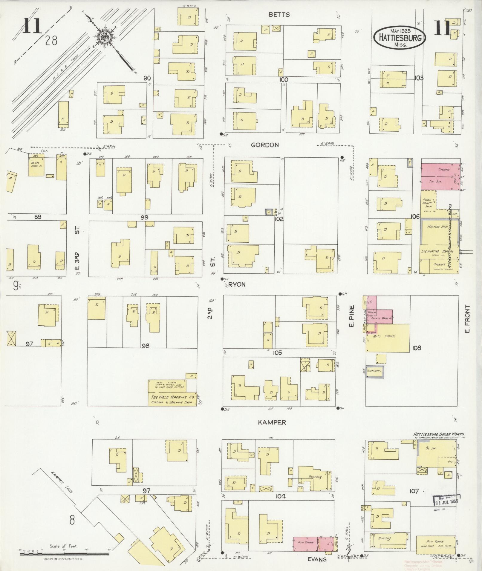 Sanborn Fire Insurance Map from Hattiesburg, Forrest County, Mississippi (1925), Sheet #0011 - Complete Map Set gallery image, historic Sanborn map, vintage wall art, Mississippi Mississippi