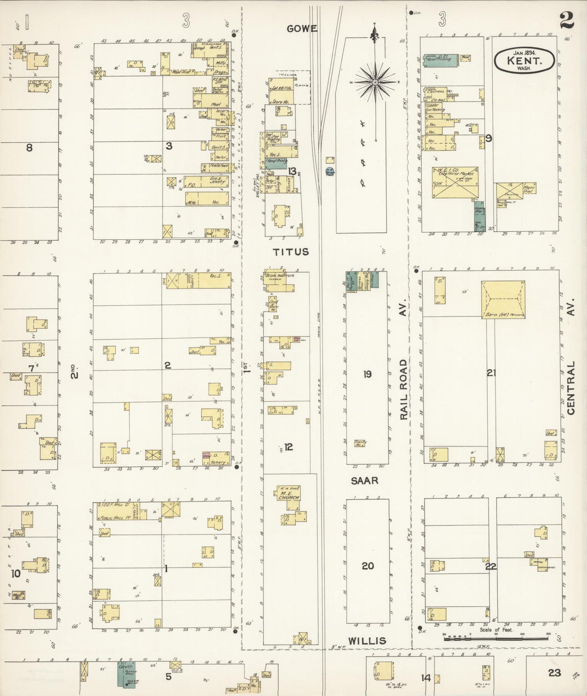 Sanborn Fire Insurance Map from Kent, King County, Washington (1894), Sheet #0002 - Historic Sanborn Fire Insurance Map Print, vintage old map wall art, antique decor, genealogy gift, Washington Washington map