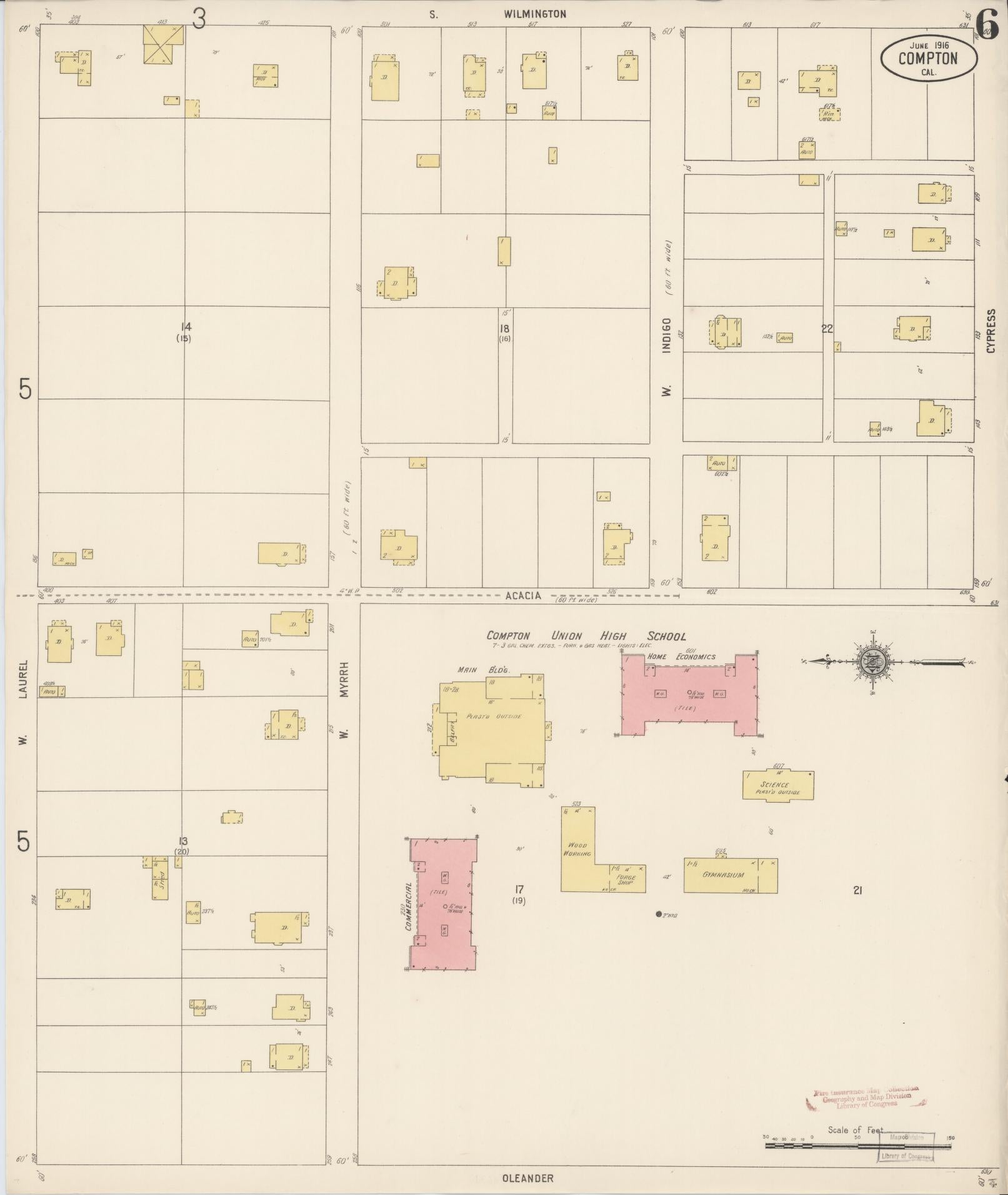 Sanborn Fire Insurance Map from Compton, Los Angeles County, California (1916), Sheet #0006 - Complete Map Set gallery image, historic Sanborn map, vintage wall art, California California
