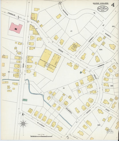 Sanborn Fire Insurance Map from Melrose, Middlesex County, Massachusetts (1903), Sheet #0004 - Historic Sanborn Fire Insurance Map Print, vintage old map wall art, antique decor, genealogy gift, Massachusetts Massachusetts map