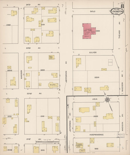 Sanborn Fire Insurance Map from Covington, Saint Tammany Parish, Louisiana (1921), Sheet #0008 - Historic Sanborn Fire Insurance Map Print, vintage old map wall art, antique decor, genealogy gift, Louisiana Louisiana map