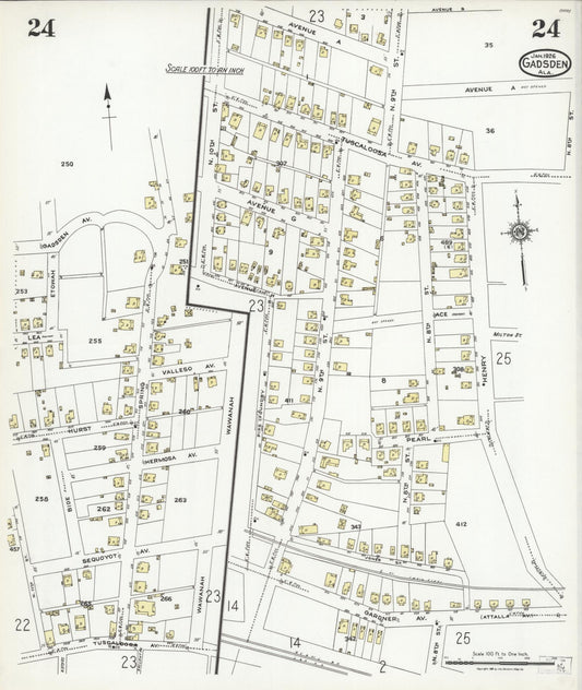 Sanborn Fire Insurance Map from Gadsden, Etowah County, Alabama (1926), Sheet #0024 - Historic Sanborn Fire Insurance Map Print, vintage old map wall art, antique decor, genealogy gift, Alabama Alabama map