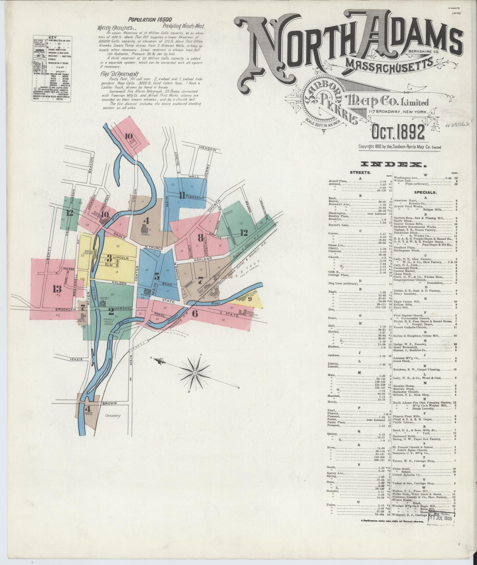 Sanborn Fire Insurance Map from North Adams, Berkshire County, Massachusetts (1892), Sheet #0001 - Complete Map Set gallery image, historic Sanborn map, vintage wall art, Massachusetts Massachusetts