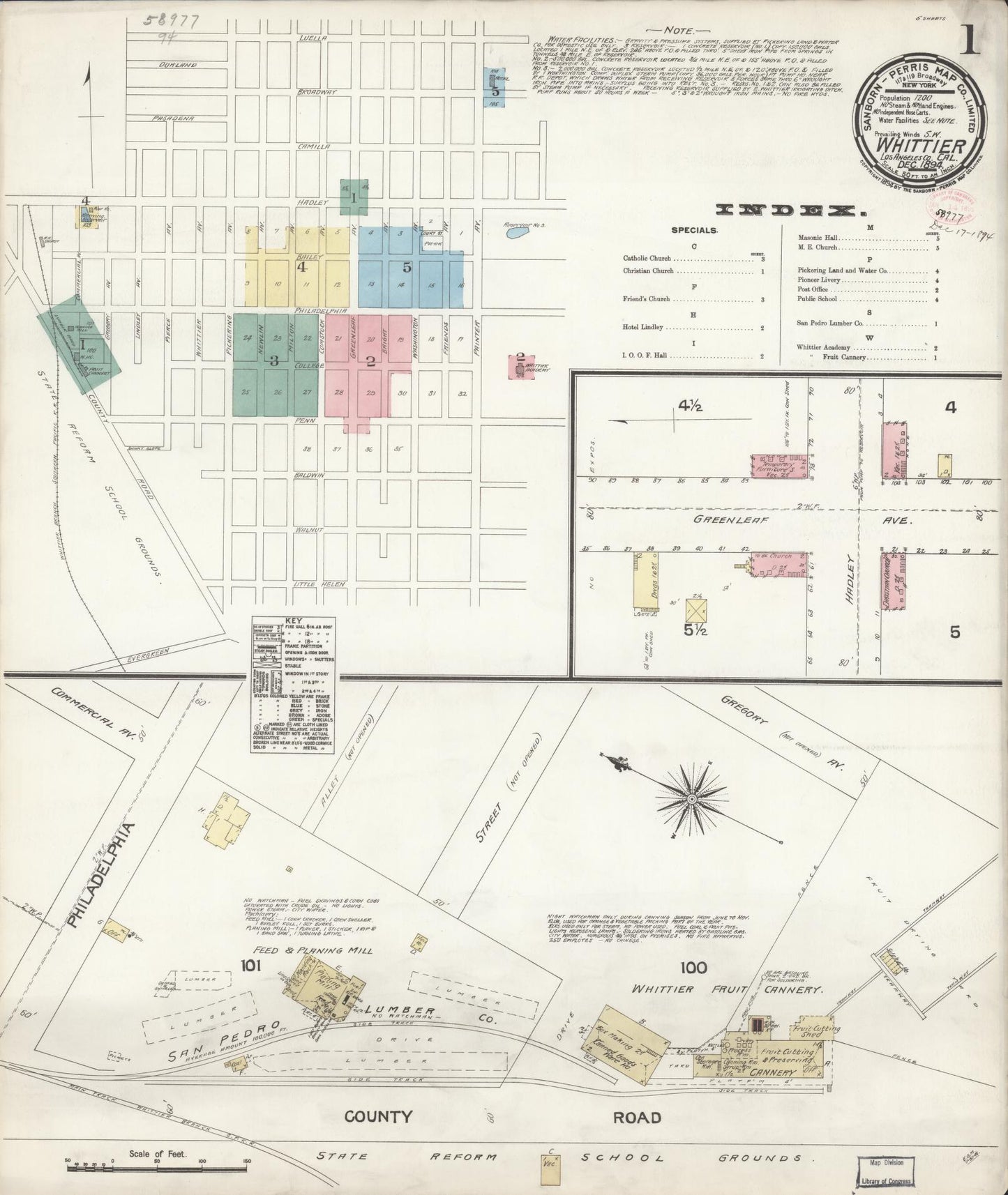 Sanborn Fire Insurance Map from Whittier, Los Angeles County, California (1894), Sheet #0001 - Complete Map Set gallery image, historic Sanborn map, vintage wall art, California California