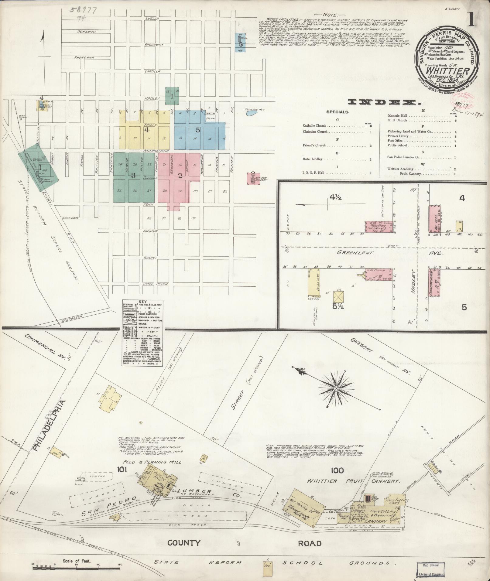 Sanborn Fire Insurance Map from Whittier, Los Angeles County, California (1894), Sheet #0001 - Complete Map Set gallery image, historic Sanborn map, vintage wall art, California California