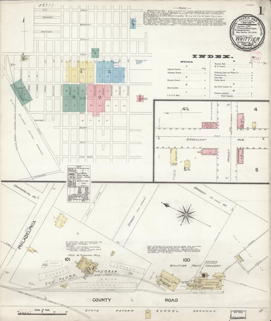 Sanborn Fire Insurance Map from Whittier, Los Angeles County, California (1894), Sheet #0001 - Complete Map Set gallery image, historic Sanborn map, vintage wall art, California California