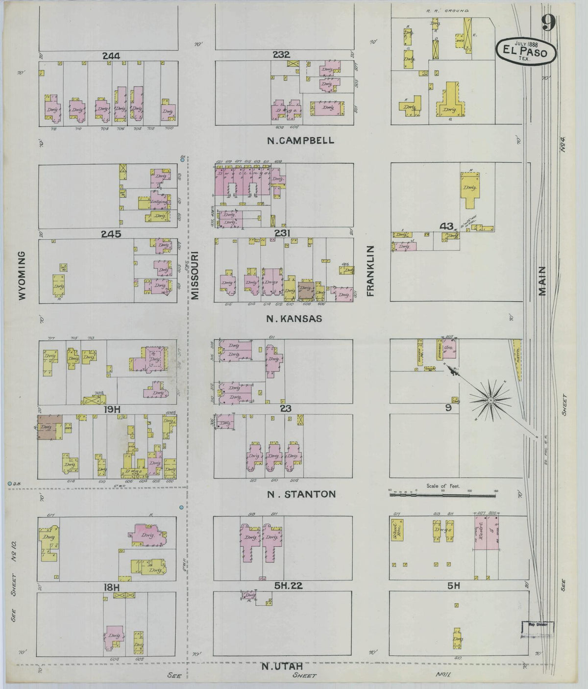 Sanborn Fire Insurance Map from El Paso, El Paso County, Texas (1888), Sheet #0009 - Historic Sanborn Fire Insurance Map Print, vintage old map wall art, antique decor, genealogy gift, Texas Texas map