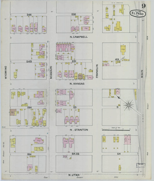 Sanborn Fire Insurance Map from El Paso, El Paso County, Texas (1888), Sheet #0009 - Historic Sanborn Fire Insurance Map Print, vintage old map wall art, antique decor, genealogy gift, Texas Texas map