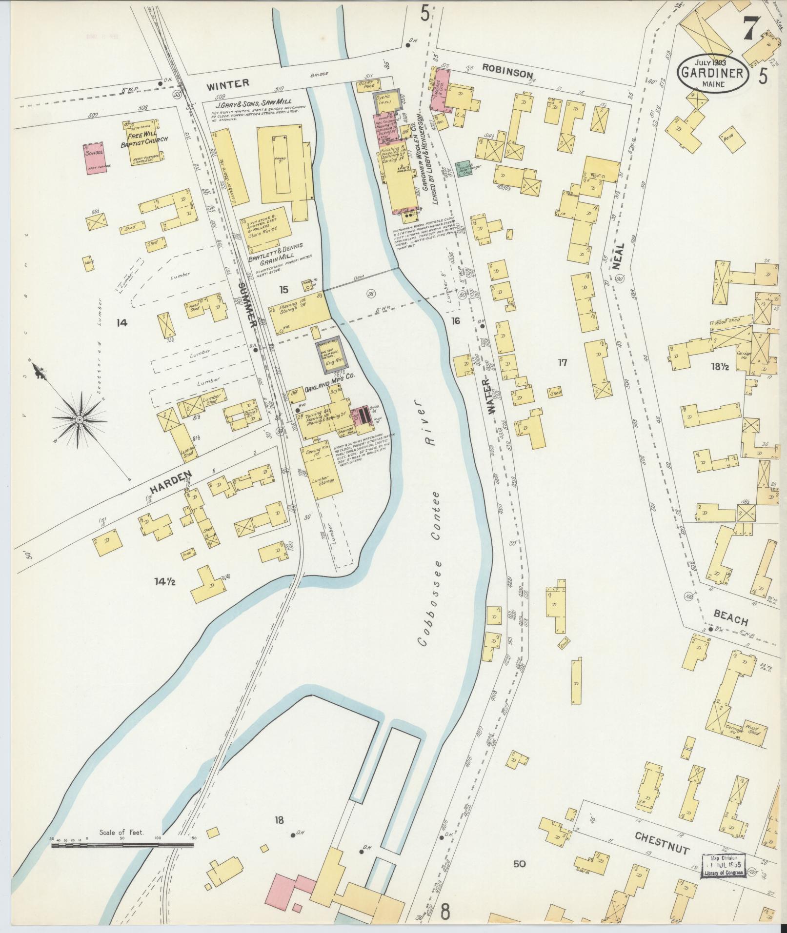 Sanborn Fire Insurance Map from Gardiner, Kennebec County, Maine (1903), Sheet #0007 - Complete Map Set gallery image, historic Sanborn map, vintage wall art, Maine Maine