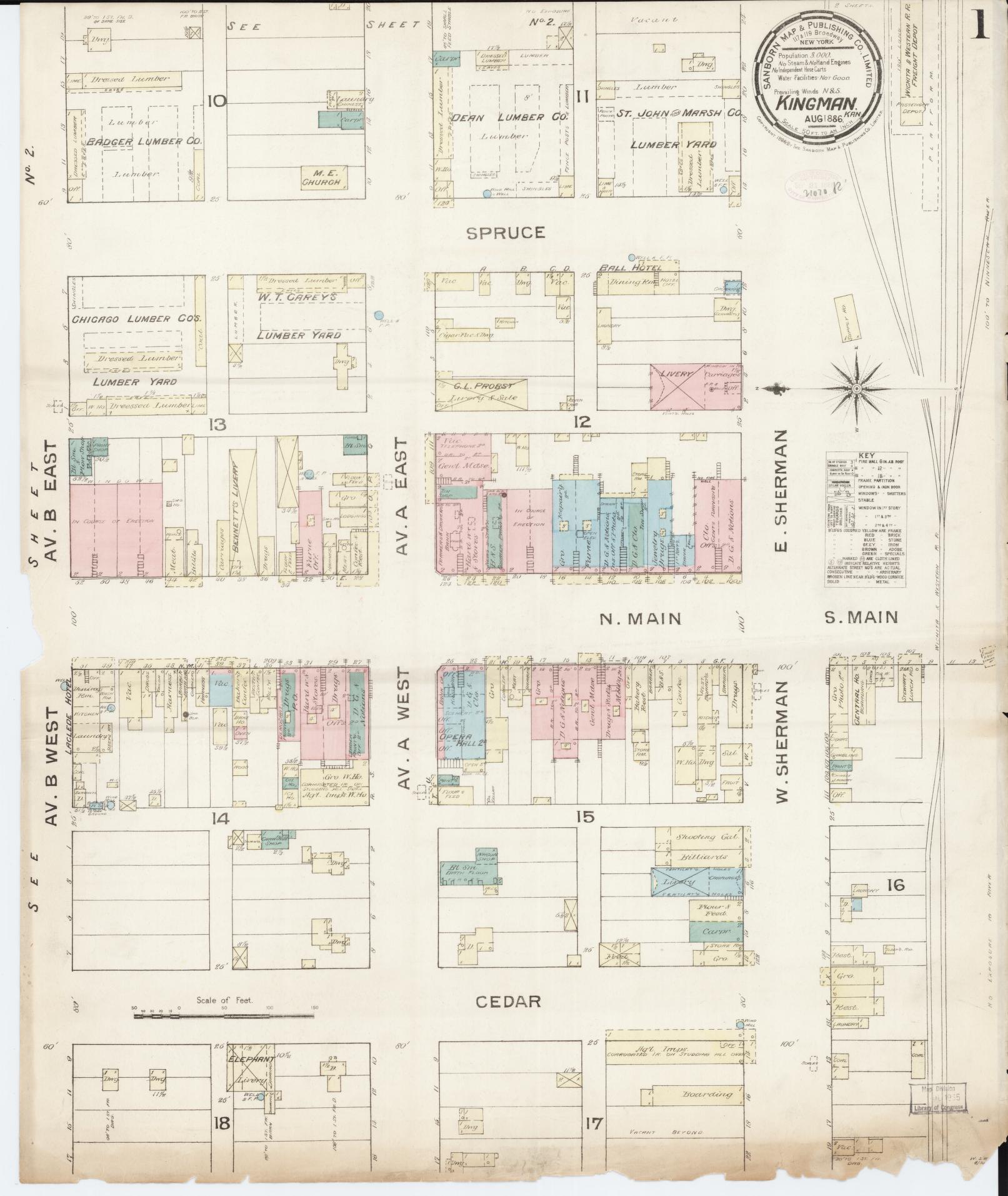 Sanborn Fire Insurance Map from Kingman, Kingman County, Kansas (1886), Sheet #0001 - Historic Sanborn Fire Insurance Map Print, vintage old map wall art, antique decor, genealogy gift, Kansas Kansas map
