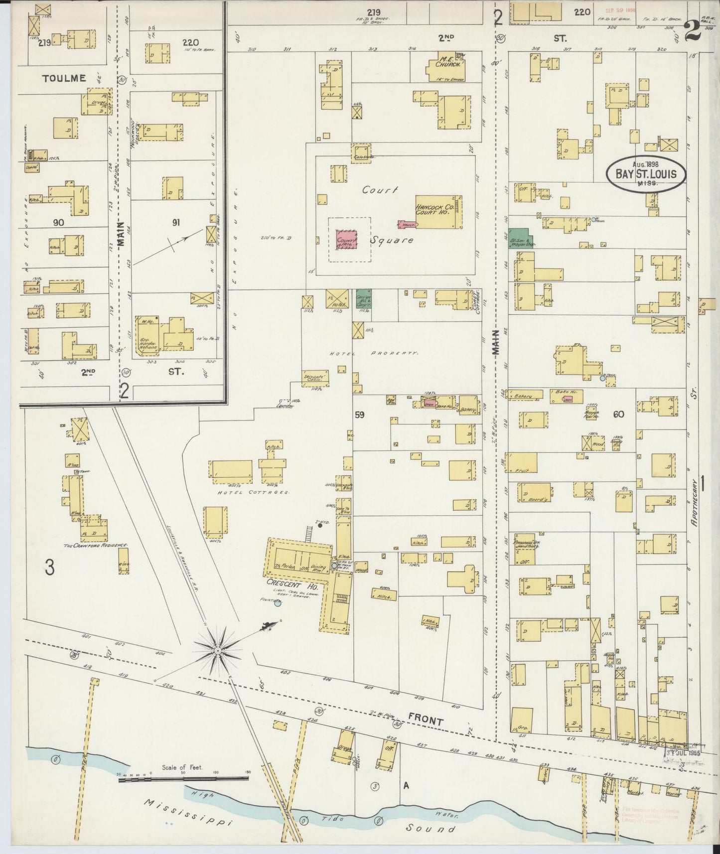 Sanborn Fire Insurance Map from Bay Saint Louis, Hancock County, Mississippi (1898), Sheet #0002 - Historic Sanborn Fire Insurance Map Print, vintage old map wall art, antique decor, genealogy gift, Mississippi Mississippi map