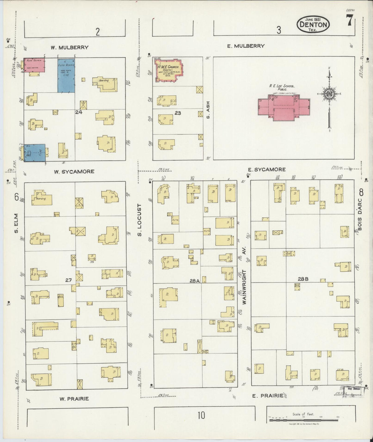 Sanborn Fire Insurance Map from Denton, Denton County, Texas (1921), Sheet #0007 - Historic Sanborn Fire Insurance Map Print, vintage old map wall art, antique decor, genealogy gift, Texas Texas map