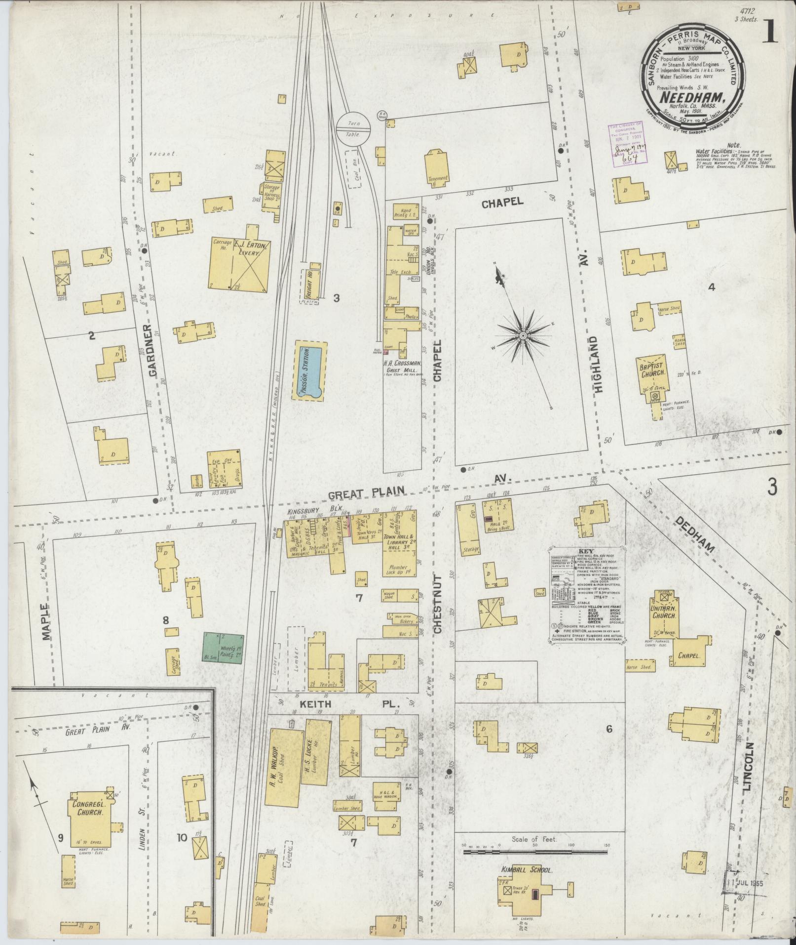 Sanborn Fire Insurance Map from Needham, Norfolk County, Massachusetts (1901), Sheet #0001 - Historic Sanborn Fire Insurance Map Print, vintage old map wall art, antique decor, genealogy gift, Massachusetts Massachusetts map