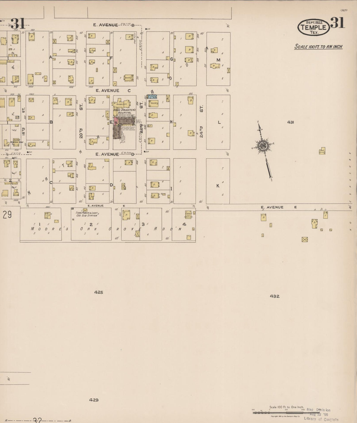 Sanborn Fire Insurance Map from Temple, Bell County, Texas (1922), Sheet #0031 - Historic Sanborn Fire Insurance Map Print, vintage old map wall art, antique decor, genealogy gift, Texas Texas map