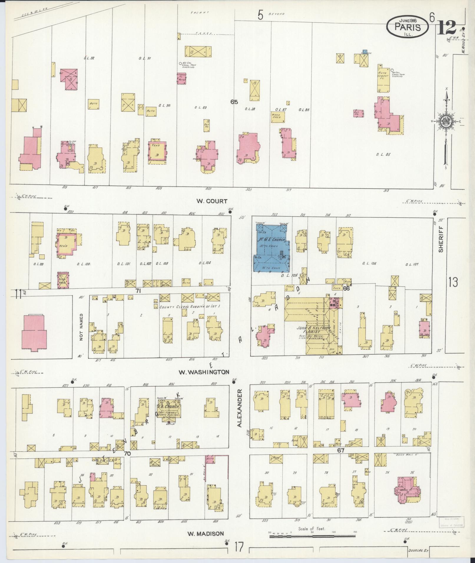 Sanborn Fire Insurance Map from Paris, Edgar County, Illinois (1916), Sheet #0012 - Historic Sanborn Fire Insurance Map Print, vintage old map wall art, antique decor, genealogy gift, Illinois Illinois map