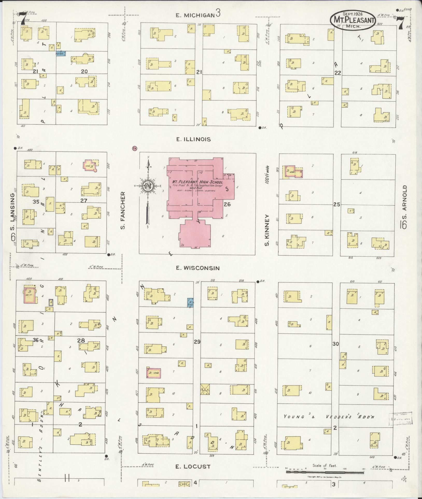 Sanborn Fire Insurance Map from Mount Pleasant, Isabella County, Michigan (1924), Sheet #0007 - Historic Sanborn Fire Insurance Map Print, vintage old map wall art, antique decor, genealogy gift, Michigan Michigan map