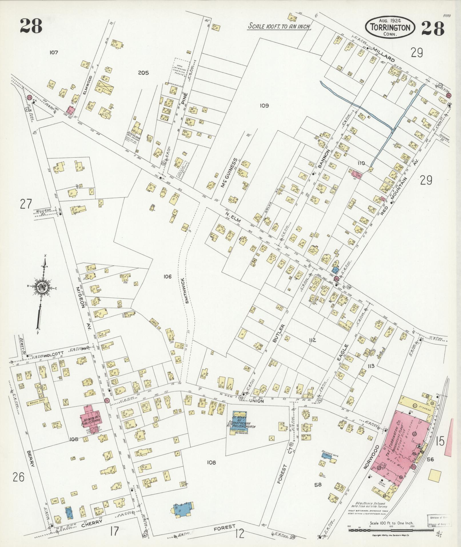 Sanborn Fire Insurance Map from Torrington, Litchfield County, Connecticut (1924), Sheet #0028 - Historic Sanborn Fire Insurance Map Print, vintage old map wall art, antique decor, genealogy gift, Connecticut Connecticut map