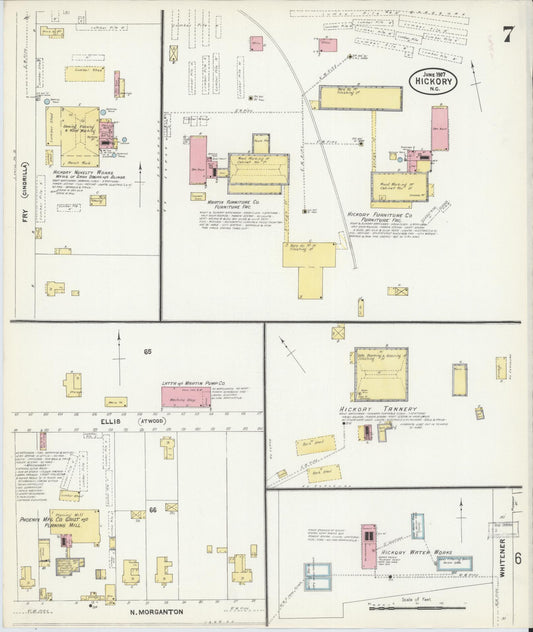 Sanborn Fire Insurance Map from Hickory, Catawba County, North Carolina (1907), Sheet #0007 - Historic Sanborn Fire Insurance Map Print, vintage old map wall art, antique decor, genealogy gift, North Carolina North Carolina map