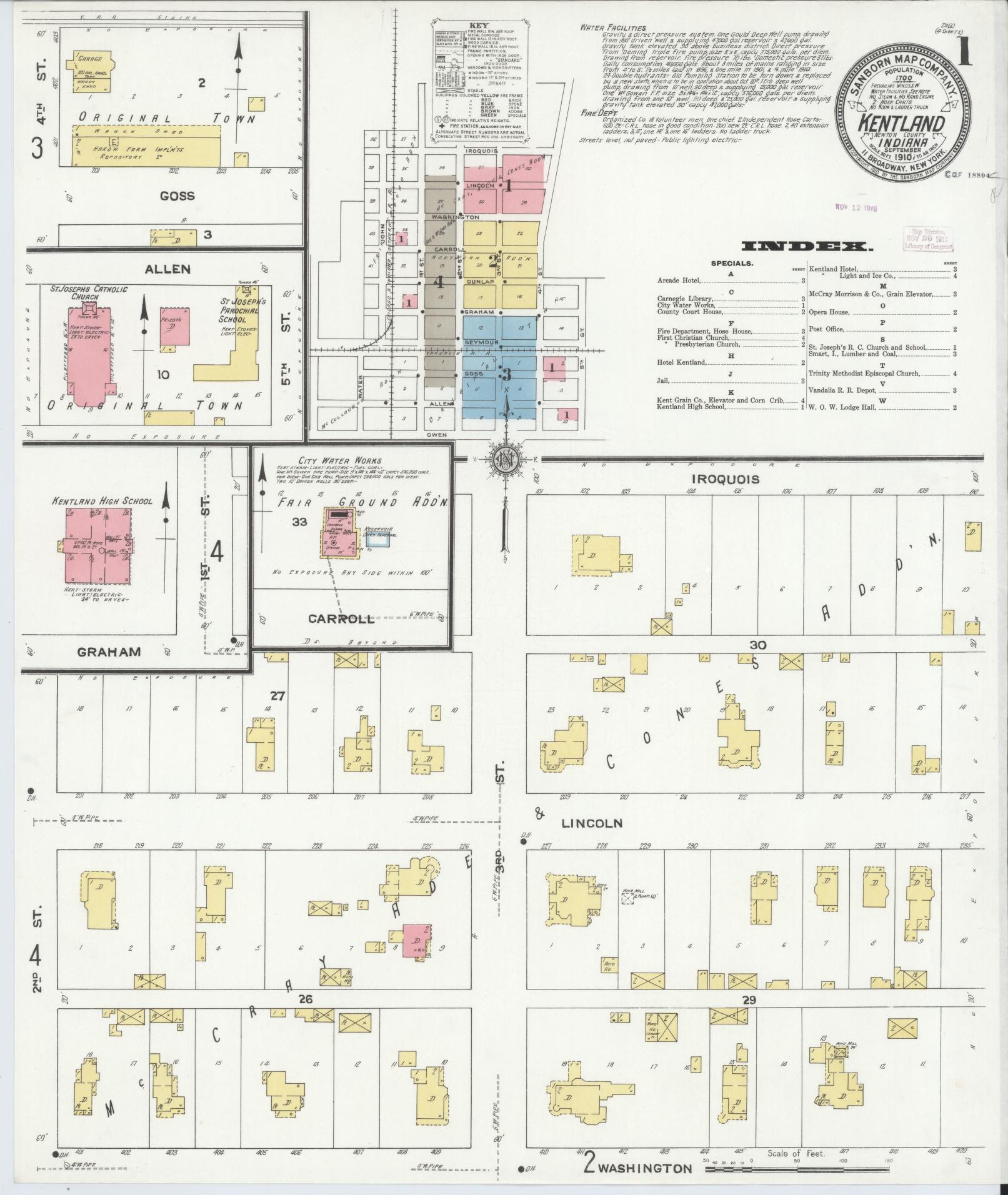 Sanborn Fire Insurance Map from Kentland, Newton County, Indiana (1910), Sheet #0001 - Complete Map Set gallery image, historic Sanborn map, vintage wall art, Indiana Indiana