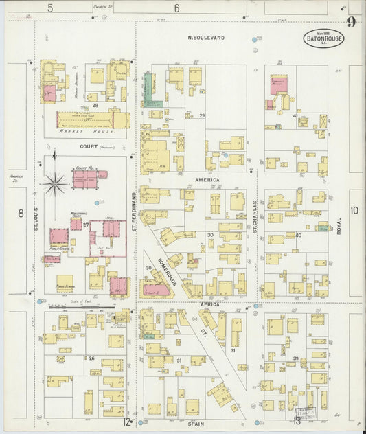 Sanborn Fire Insurance Map from Baton Rouge, East Baton Rouge Parish, Louisiana (1898), Sheet #0009 - Historic Sanborn Fire Insurance Map Print, vintage old map wall art, antique decor, genealogy gift, Louisiana Louisiana map